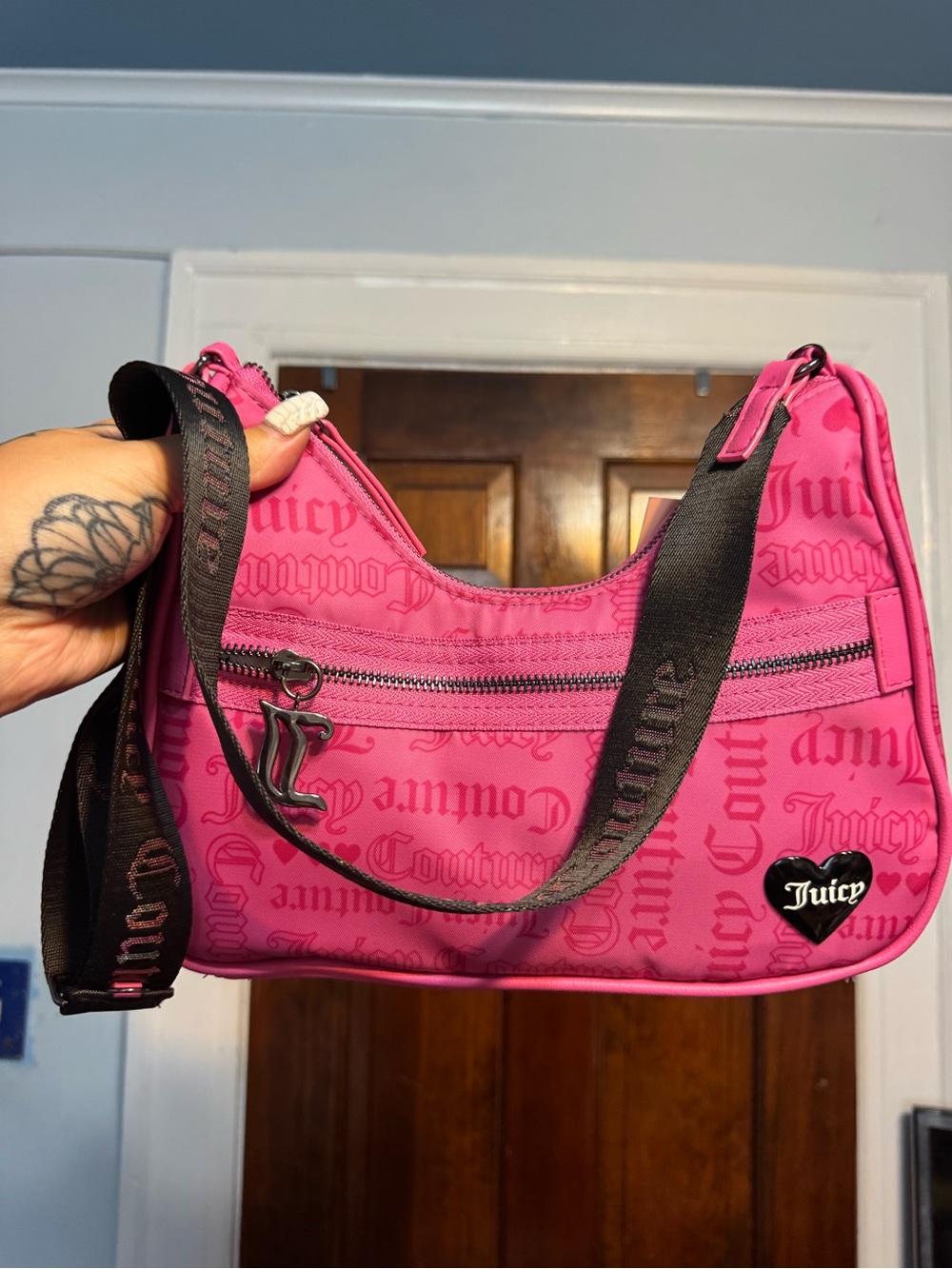 Juicy Couture Hot Pink Logo Shoulder Bag with Black Strap